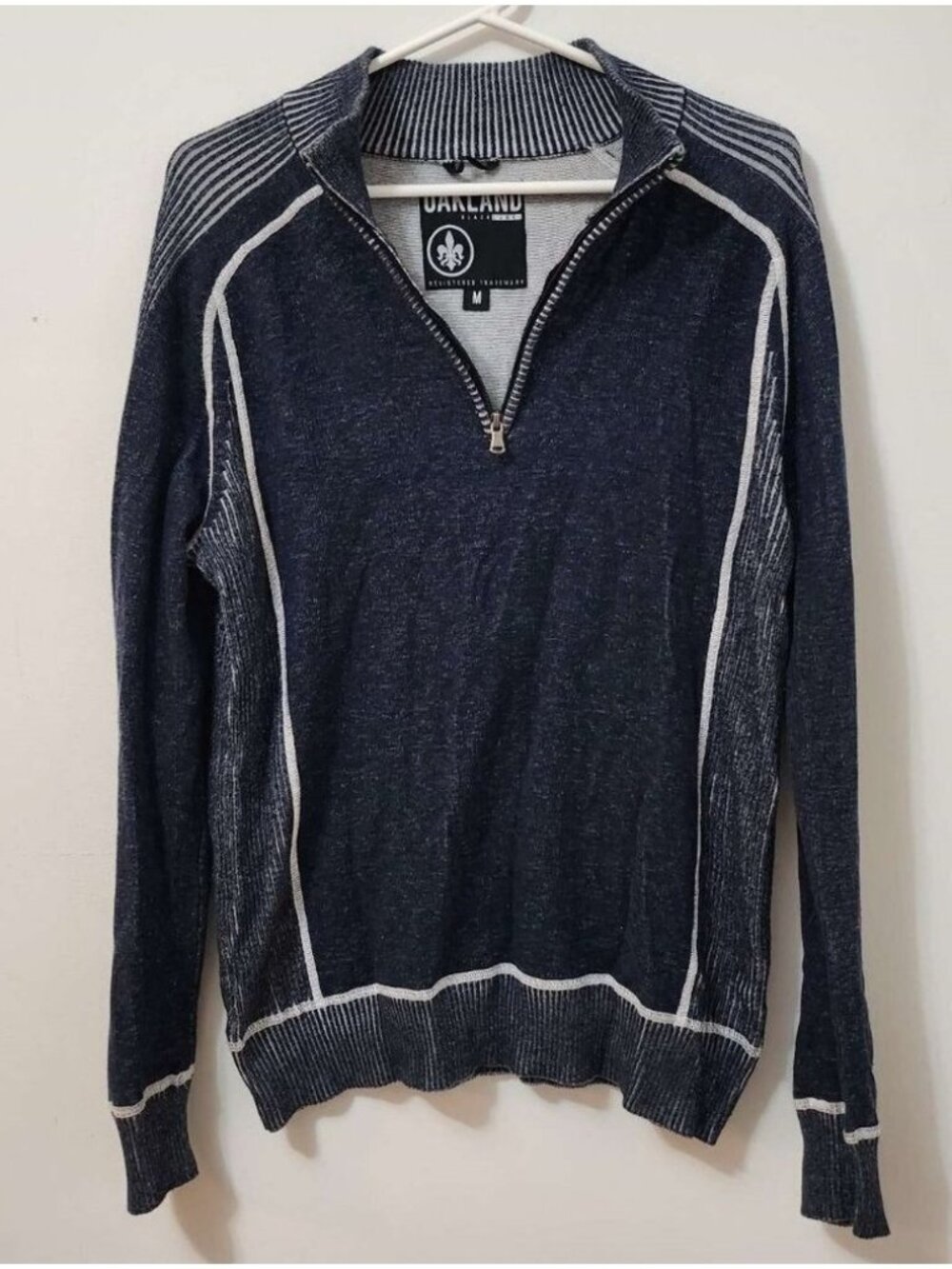 Mens Distressed Ombre Blue Zip Front Knit Pullover with Collar Size Medium